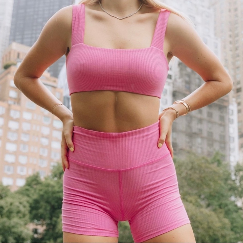 Daily Drills Pink Biker Set: Lawson Bra in Ribbed and Shortie Short in Ribbed